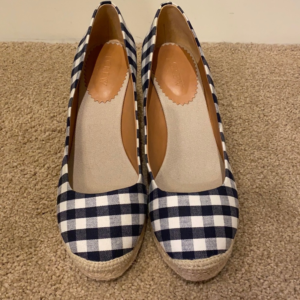 J Crew Factory Gingham Espadrille Wedge Blue 9